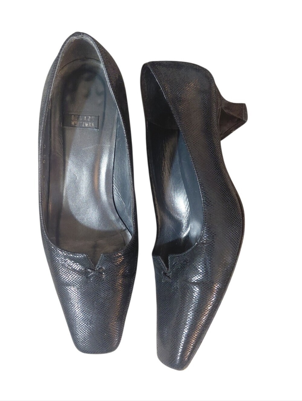Stuart Weitzman Shimmering  Black Textured Leather Kitten Heel Pumps 5.5